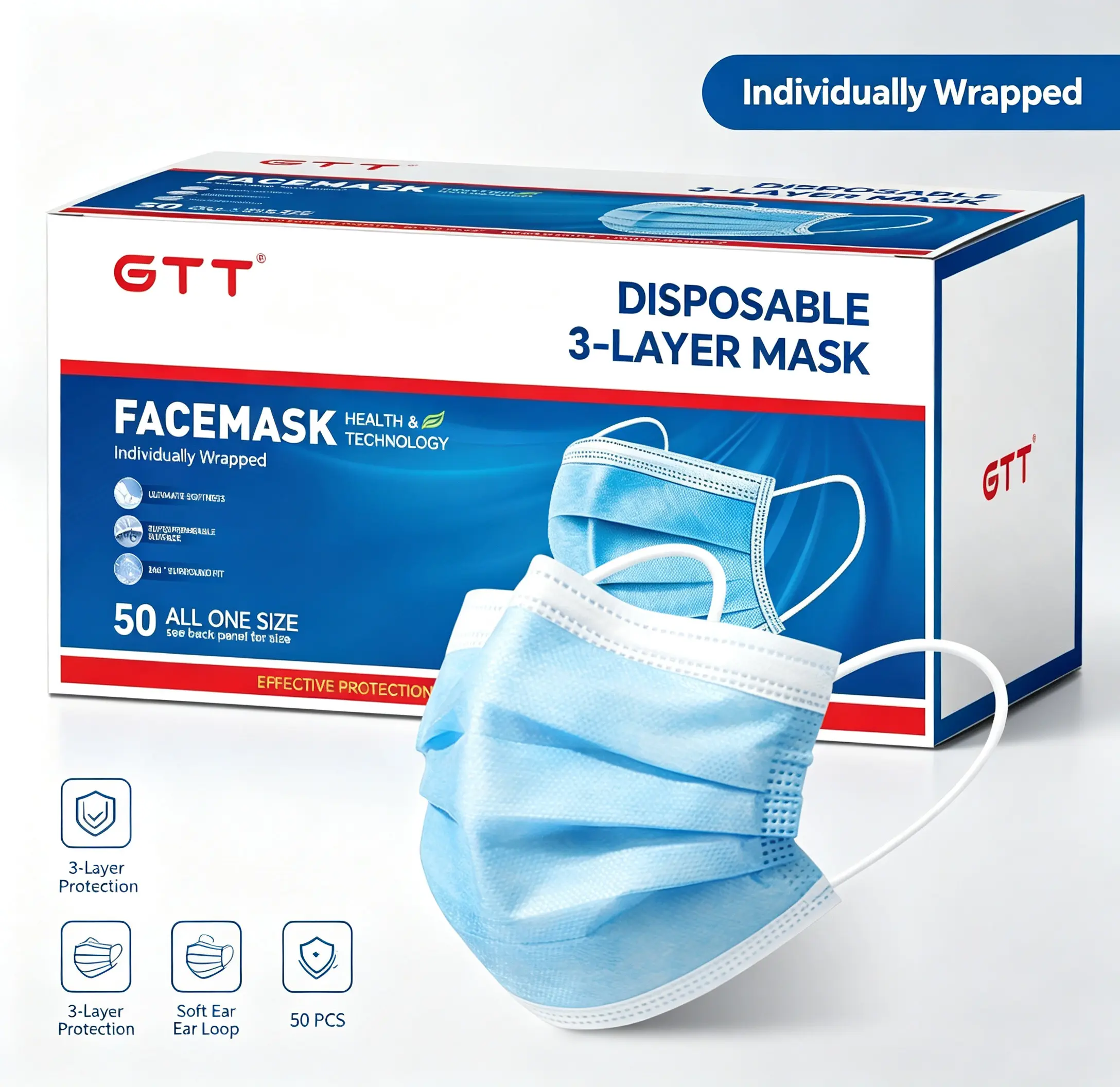 GTT Individually Wrapped Blue Non-Woven Disposable Adult Protective Mask (50-Pack) - 3-Layer Soft Breathable Dustproof, Water-Resistant Dust Covers, Latex-Free, Comfortable Ear Loops, Classic Design for School, Airplane Use, Dustproof Mask, 100% Latex-Fre