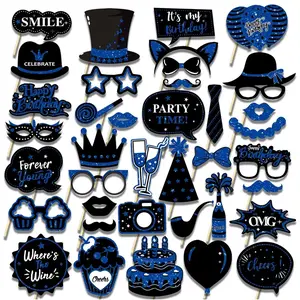38 Pcs Birthday Photo Booth Props Black, Blue Birthday Photo Booth Props Birthday Props 2024 Party Photo Booth Props Birthday Decorations Backdrop Decorations Birthday Props For Photography