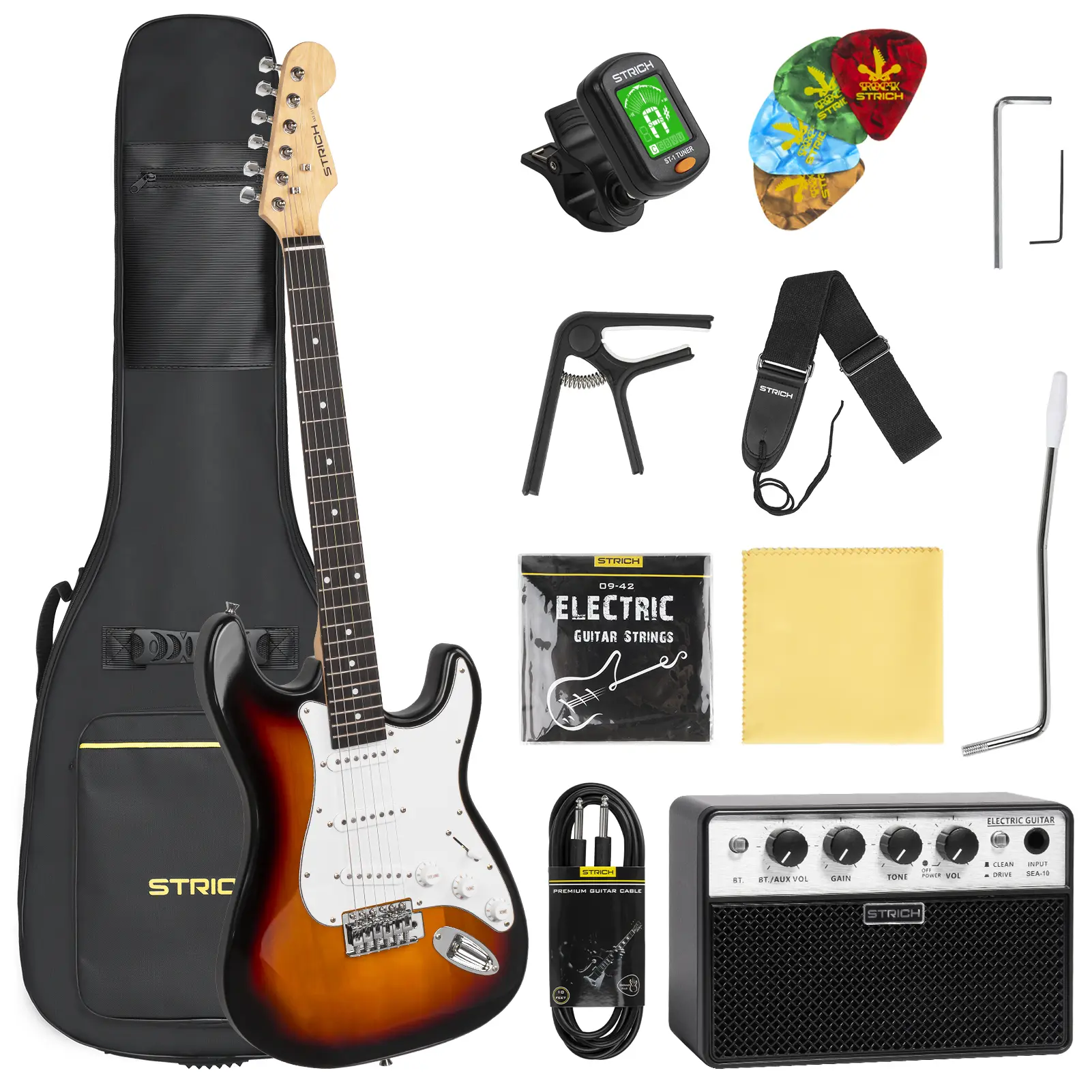 STRICH 39" Solid Body Electric Guitar Beginner Kit for Blues, Classic and Contemporary Play - SSS Pickup, 10W Mini Amplifier, Complete Accessory Kit (Bag, Tuner, Capo, Strap, Strings, Cable, Guitar Pick, SST-S10), Precise Tonal Adjustments