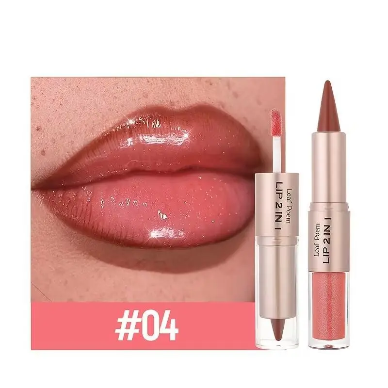 2-in-1 Dual-Ended Lip Gloss and Matte Lip Liner, Liquid lip, shapes the lips, mirror-like glossy lip gloss, long-lasting non-smudge color, berry shades, anti-slip bullet design, 8 colors available, suitable for all light beige lip tones