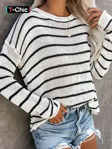 Women's Striped Print Drop Shoulder Sweater, Casual Long Sleeve Round Neck Jumper for Spring & Fall, Fashion Women's Knitwear for Daily Wear