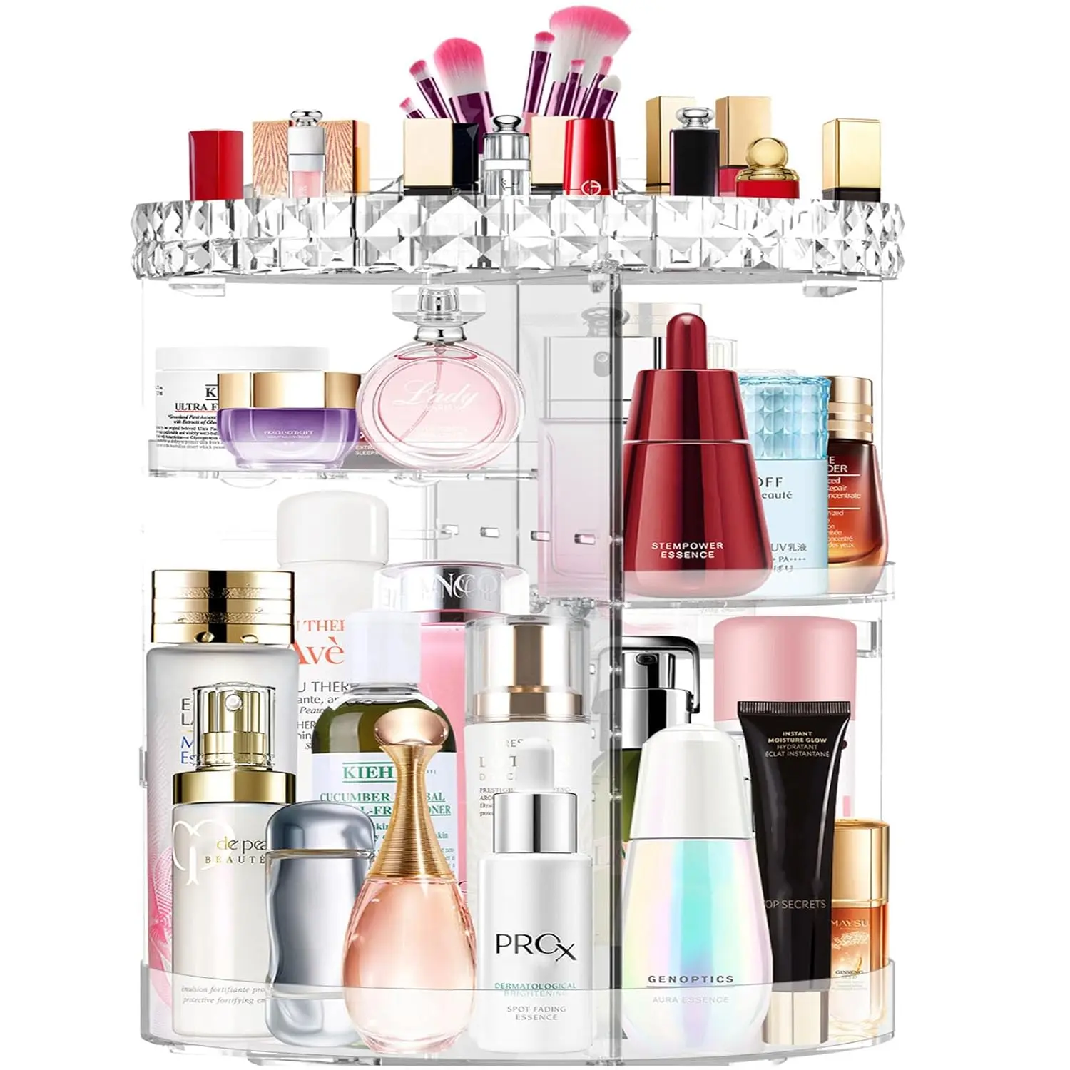 Plastic 360-Degree Rotatable Makeup Organizer - Transparent Countertop Vanity Storage Carousel, 7 Adjustable Layers, Larger Size, with Compartments, Easy to Assemble, 13.19*9.25*9.25 in