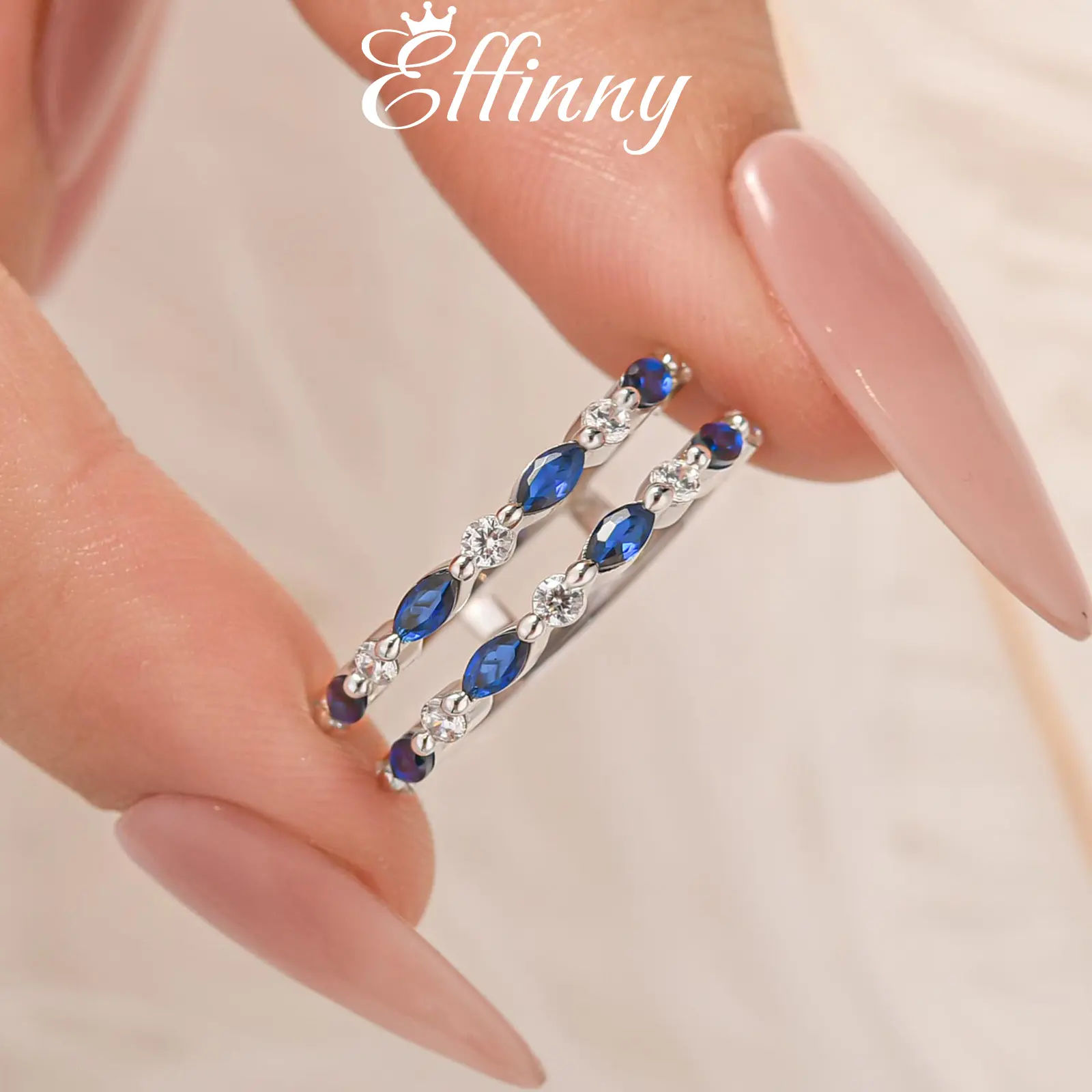 Effinny Jewelry Ring Enhancer Guard Wedding Bands Two Row Half Eternity 925 Sterling Silver, White and Blue Cubic Zirconia Stackable Ring for Women, Birthday, Adults