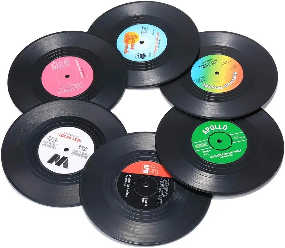 Record Coasters for Drinks, Funny, Absorbent, Novelty 6 Pieces Vinyl Disk Coasters, Effective Protection of The Desktop to Prevent Damage- 4.1 Inch Size Coffee Retro