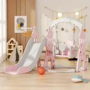 XJD 4 in 1 Kids Slide and Swing Set with Basketball Hoop Climbing Ladder Indoor Outdoor Multifunctional Play Center for Active Fun Kids Age 1+ Portable Durable