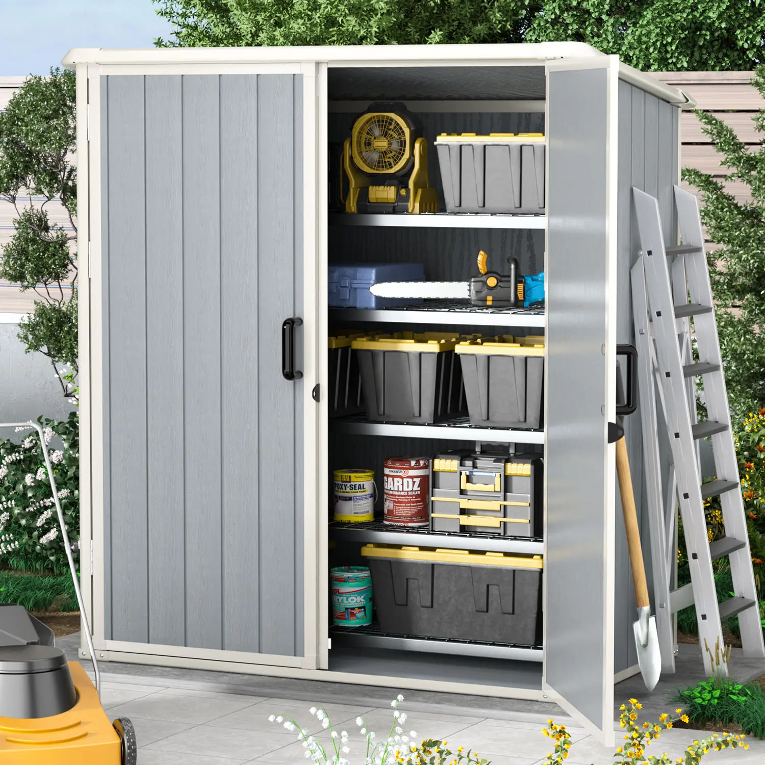 【2 Packages ship separately】Aoxun Outdoor Storage Shed 5 x 3FT, Resin Shed with Floor and Lockable Door, Plastic Shed for Bike, Garbage Can, Tool, Accessories, Lawn, Garden - Gray