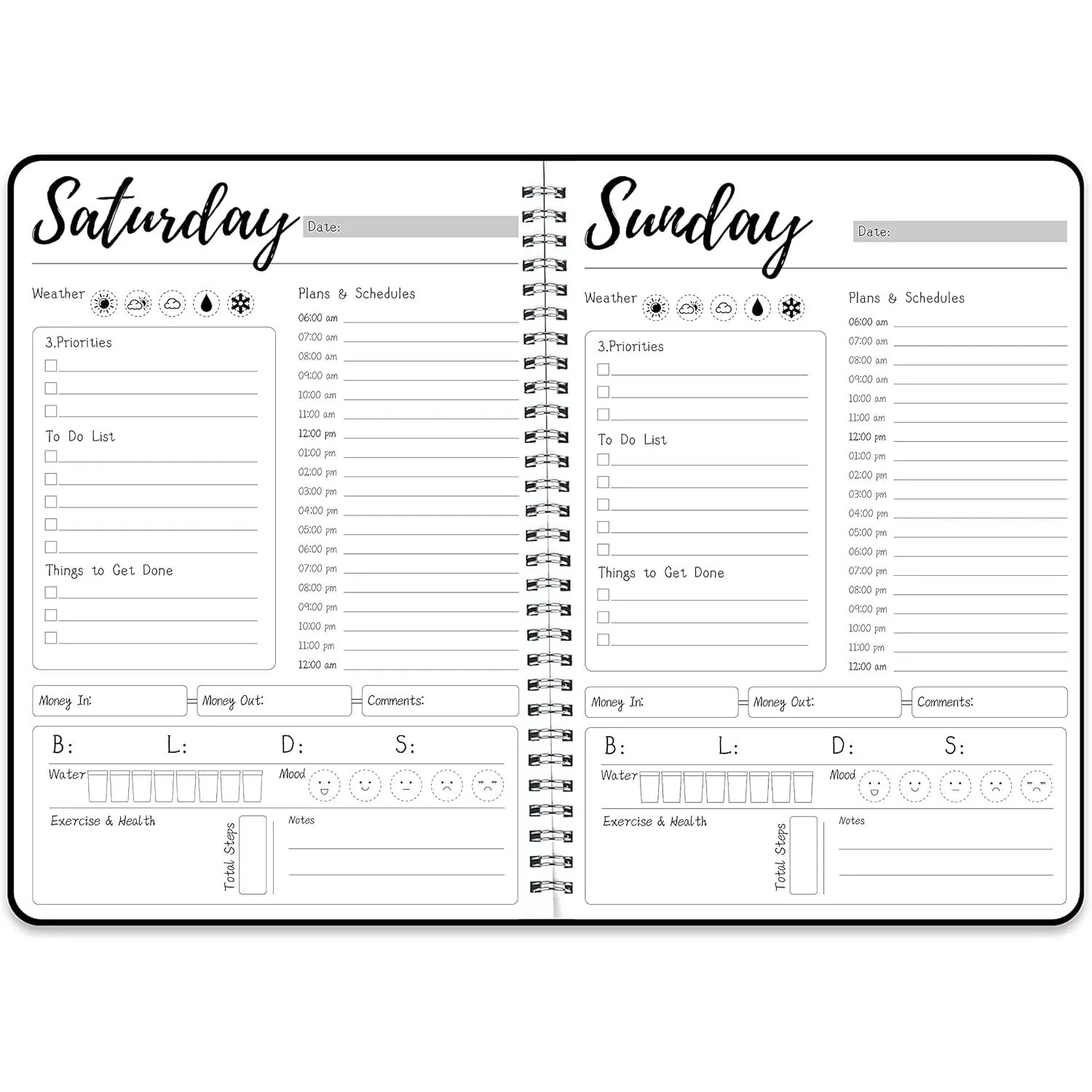 Work Planner,Daily & Weekly Spiral Planner with Hourly Schedules, To Do List, Tasks, Expense tracker, Undated 7 Days Planner Start Anytime, Flexible PVC Waterproof Cover, 10x7.3 inches