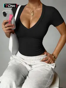 Seamless V Neck Cut Short Sleeve Top, Yoga Running Fitness Sporty Shirt Activewear for Women, Comfortable Breathable Gym Workout Wear Performance Tops