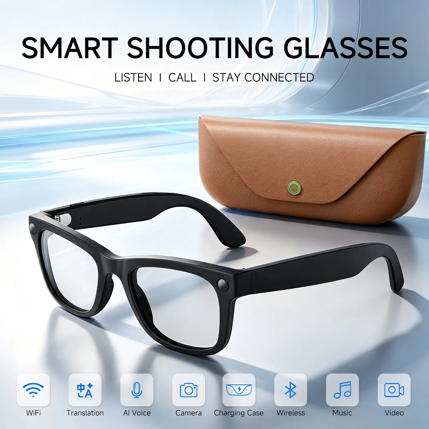 AI Smart Shooting Translation Glasses, 8MP HD Camera, Real-Time Simultaneous Translation in 26 Languages, Independent 2000mAh Charging Case, Dual-Band WiFi, Bluetooth Calling, IP65 Waterproof, Smart Wearable Glasses for Business Travel Abroad
