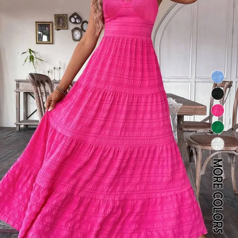Women's Plain Tie-Back Backless Boho Dress, Casual Sleeveless Spaghetti-Strap Long Dress for Beach Holiday Vacation, Ladies Summer Clothes, Backless Tied Dress