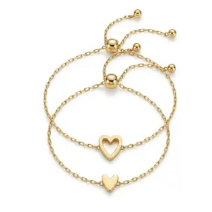2Pcs 14K Gold Plated Heart Adjustable Bracelets for Women, Dainty Stackable Heart Charm Sliding Chain Minimalist Layered Bangle, Mother's Day Jewelry Gifts for Mom Girls Her