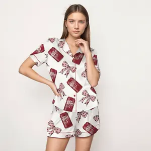 WANBRIK Pepper Drink Pink Coquette Bow Satin Pajama Set for Women Short Sleeve Comfy Satin Sleepwear & Loungewear Pjs Printing Silky Top & Bottoms