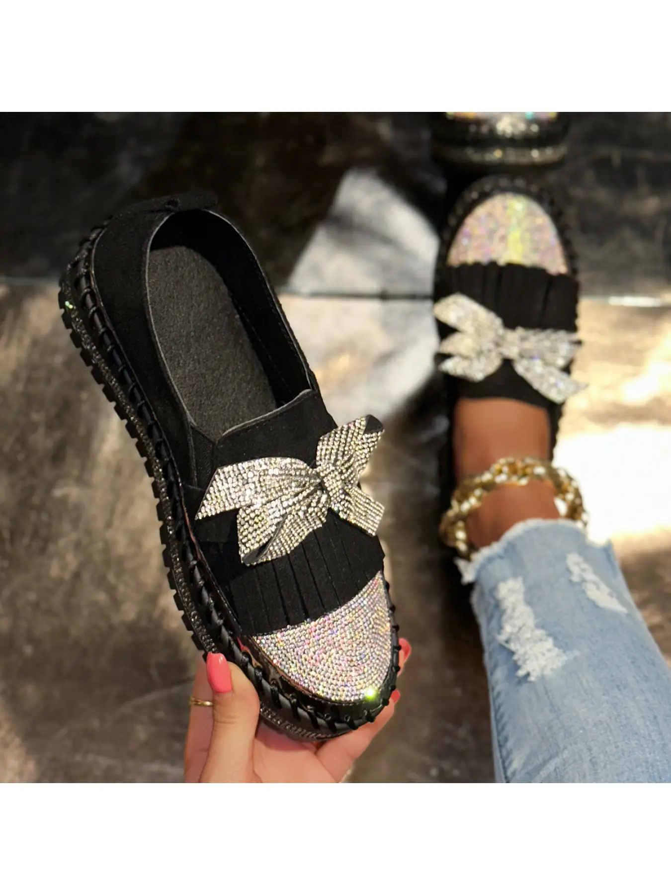Women's Sparkly Bowknot Thick Sole Flatform Loafers One Step Tassel Flats Commuting Commuter Shoes All Match Shoes Summer Casual Shoes