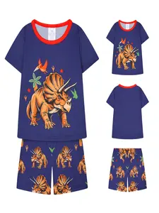 2-Piece Short Sleeve Pajama Set with Dinosaur Print, Soft and Comfortable Sleepwear for All Seasons, Fitted Leisure Wear
