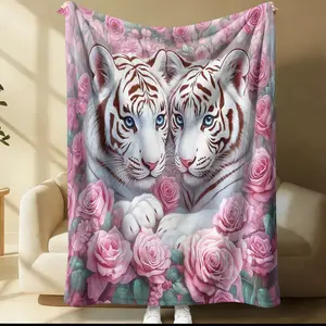 Tiger Rose Print Blanket, All-Season Use, Suitable for Bed Sofa Car Room Decor, Perfect Gift for Kids and Adults, a Single-Sided Printed Blanket