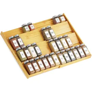 Bamboo Spice Drawer Organizer, 3" Deep Drawer, Expandable 4 Tier Spices Rack for Cabinet, Kitchen Seasoning Storage Insert, Width From 12" to 23" (Jars Not Included)