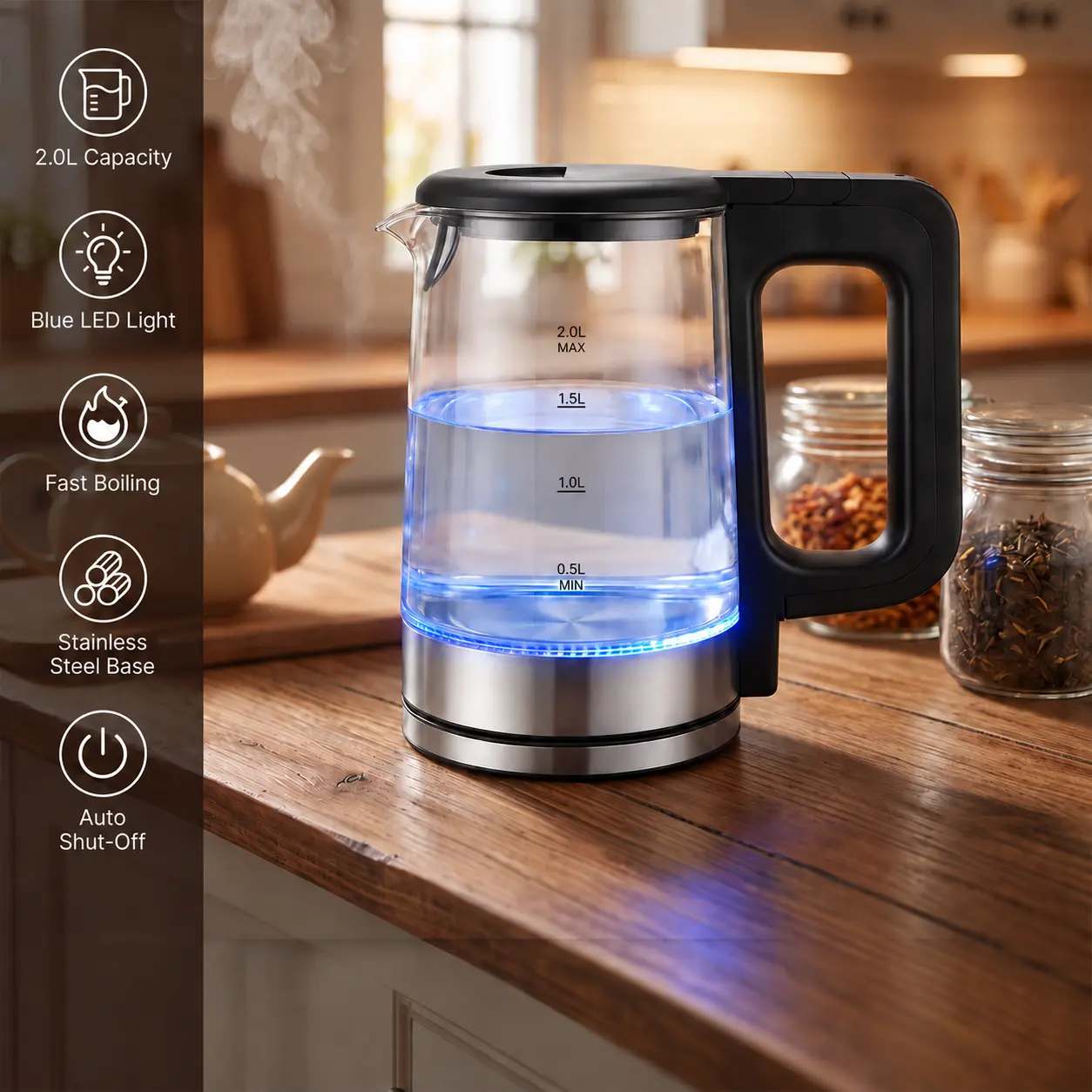 【BackToSchool】2.0L Electric Kettle, 110V 1000W Fast Boiling Water Heater, One-Touch Open Lid, Leak-Proof Spout & Ergonomic Comfort Grip Handle, Perfect for Home, Office & Dorm, Includes Power Cord