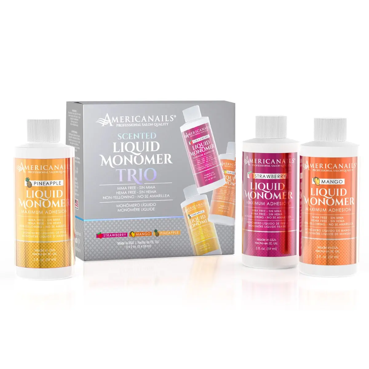AMERICANAILS Scented Liquid Monomer Trio Set (3 x 2oz), Unisex Acrylic Nail Art Supplies with Mango, Strawberry & Pineapple Aroma for DIY Nail Extension Art, Diy Nails At Home