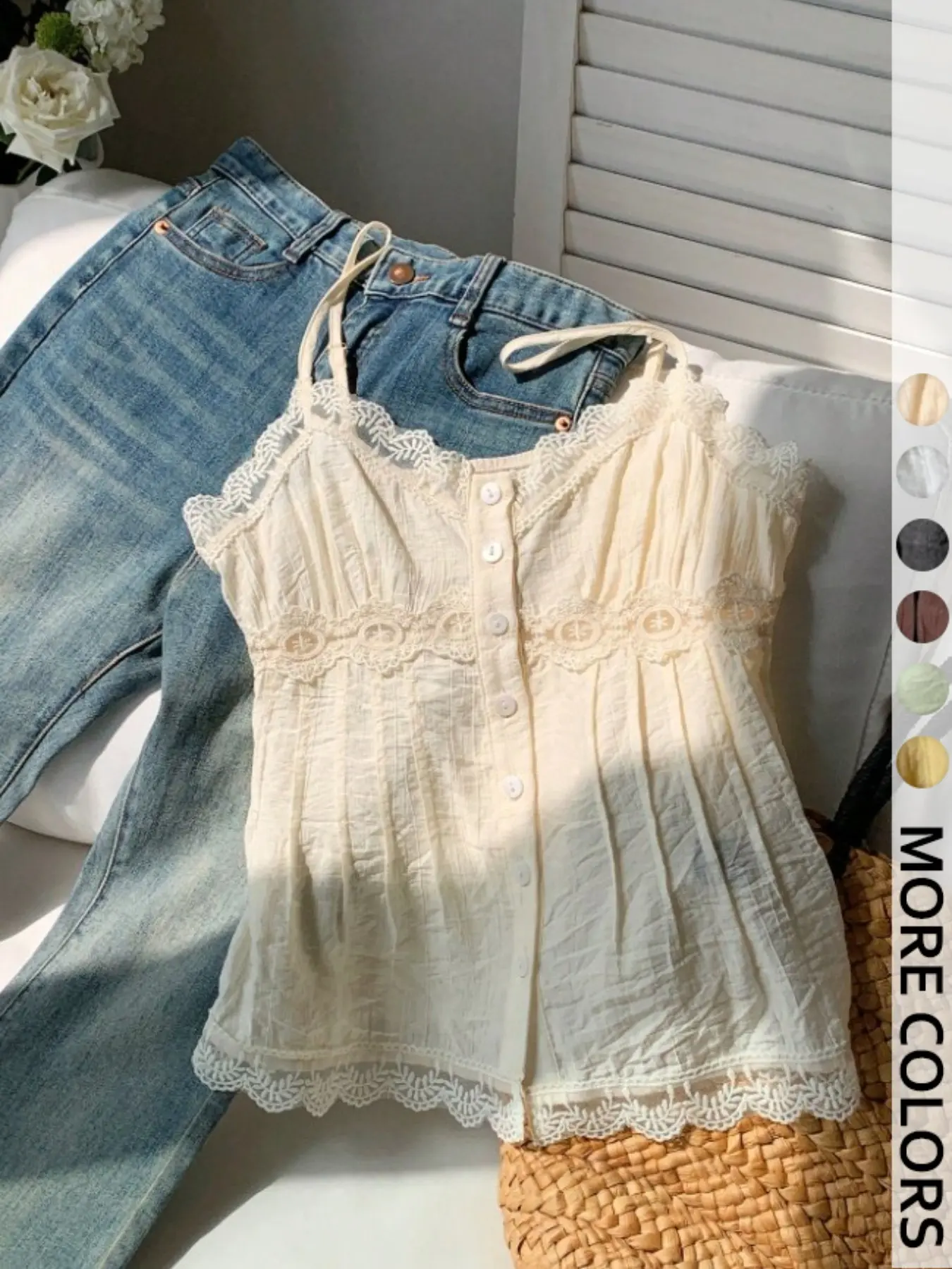 Women's Stylish Comfortable Solid Color Lace Patchwork Button Design Summer Tank Top, Casual Sleeveless Top