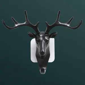 Retro deer head-shaped wall hook, hat scarf key deer antler pendant storage box, wall decoration, black