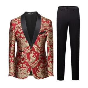 Men’s Two-Piece Red Gold Jacquard Suit, Single-Breasted Slim Fit with Shawl Lapel, for Parties and Proms, Formal Tuxedo