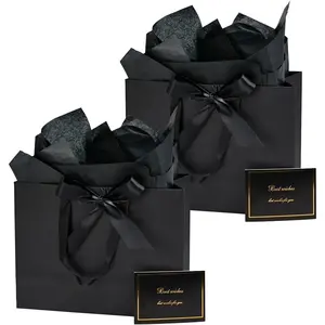 2 Pack 13x5x10 Inch Large Black  Bag Set with Tissue Paper, Greeting Card & Ribbon, Big  Wrapping Kits for Clothing, Shoes, , Birthday, Christmas, Wedding Favors
