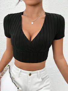 Women's Summer Ribbed Solid Deep V-Neck Cropped Fitted T-Shirt. Striking blend of elegance and fashion for effortless daily style.