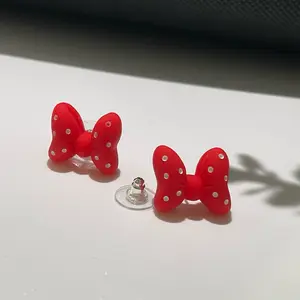 Retro White Polka Red Bow Stud Earrings | Resin | retro style | fashion accessories | fashion jewelry | ear needle material is 925 sterling post | adult or kids | cute | gift ideas | best for disney trip | limited stocks Casual Female Retro