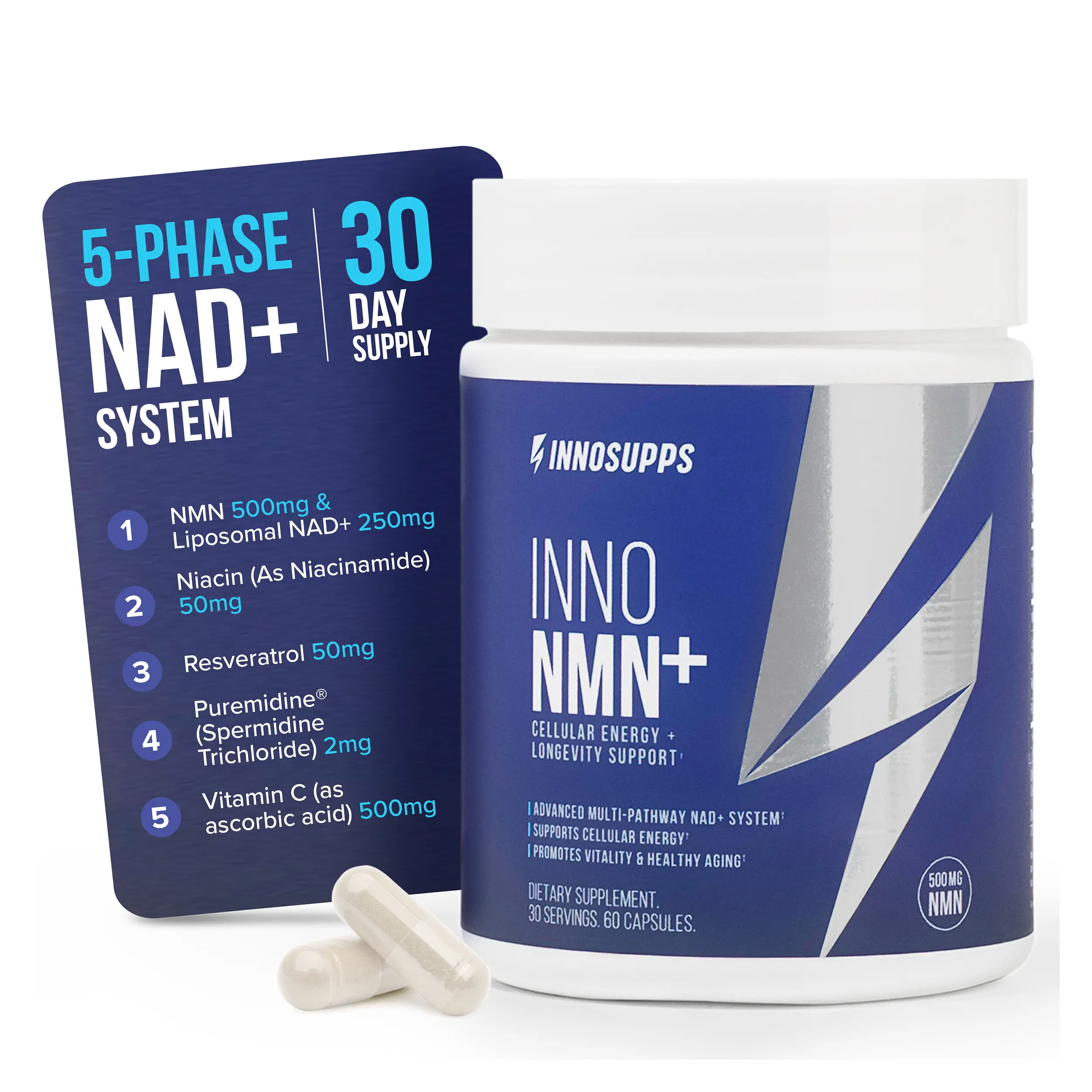 Inno Supps US Nicotinamide Mononucleotide (NMN) Capsules - Prop 65 Safe Daily Energy Nutrition Supplement, NAD+ Booster, Cellular Support, Health Supplement Supply