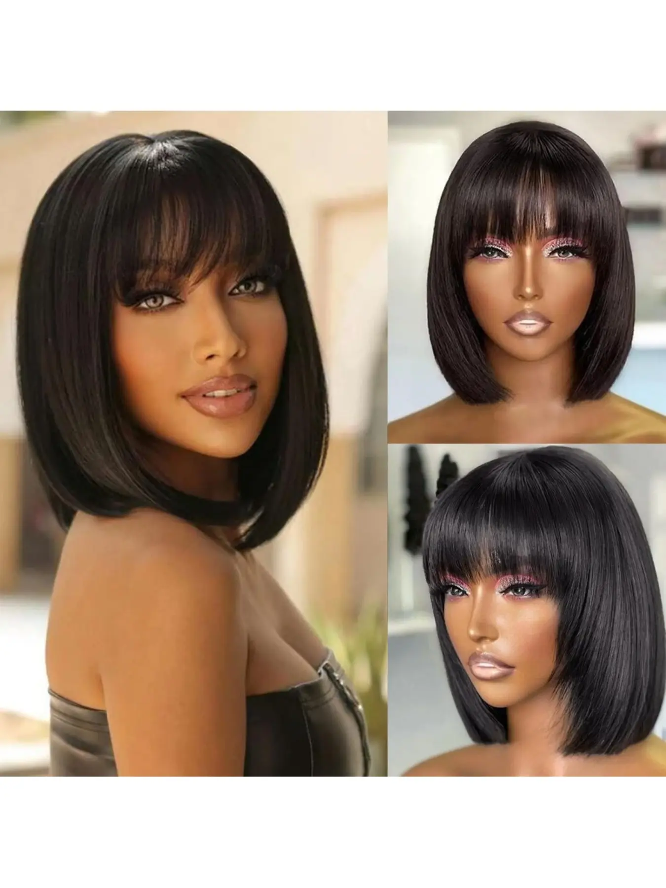 Brazilian Human Hair Wig With Bangs Natural Black Remy Straight Bob Wigs Full Machine Made Wig For Women 8-16 Inches Non Lace Bob Wigs 180% Density Glueless Wigs