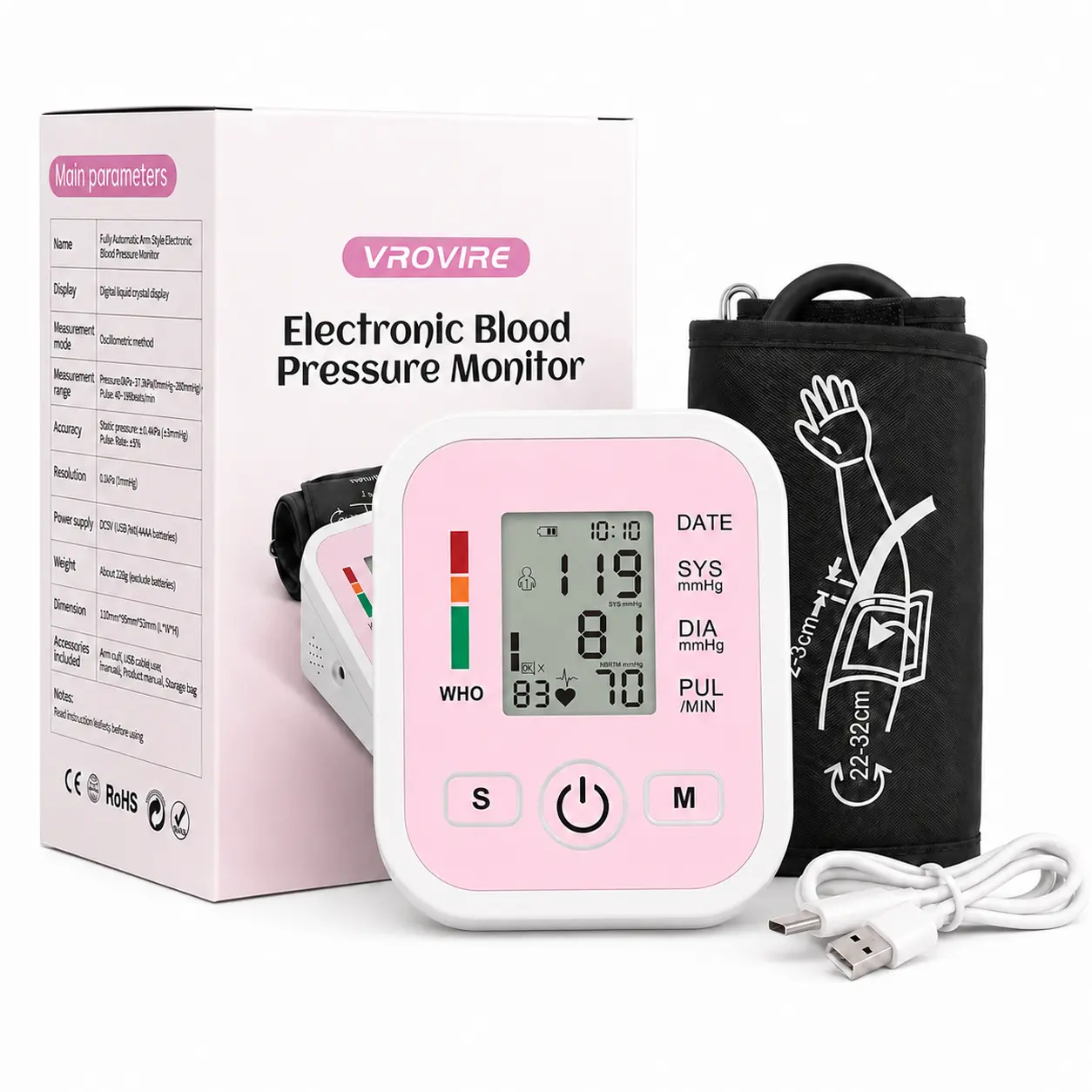 Rechargeable Upper Arm Blood Pressure Monitor,blood pressure monitor with voice prompts and data storage; wearable device; smart health device; accurate at-home blood pressure monitoring