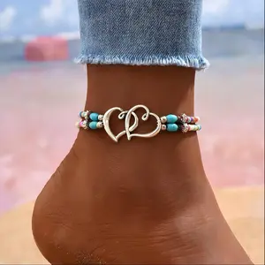 4-piece Bohemian-style beaded anklet set - multi-color sparkling beloved jewelry, with adjustable elastic cords, mini seed beads, hollow double-heart design, suitable for party gifts and casual wear, vintage style, bohemian style tarnish proof men's men
