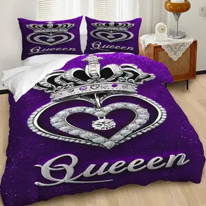 Luxurious Purple Crown Diamond Duvet Cover Set, Decorative Duvet Cover, Elegant Bedding Set with Heart Emblem and Sparkling Accents,Soft and Cozy Fabric for a Royal Touch, Contains 1 duvet cover, 1 or 2 pillowcases (without filling)