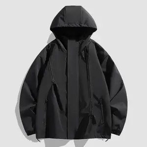 Men's Hooded Multiple Zippered Functional Coat, Workwear Jacket with Adjustable Hood & Durable Zippers for Comfort, Casual Black Menswear Top