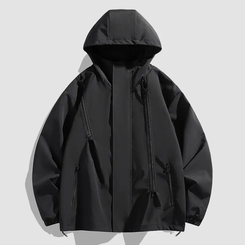 Men's Hooded Multi-Zipper Functional Outdoor Coat - Adjustable Hood, Durable Zippers, Casual Outdoor Workwear Top, Trendy Outdoor Coat