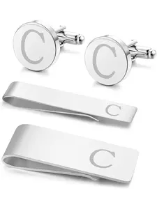 Cool 4 Pcs Silvery Black Letter Tie Clips Fashionable Stainless Steel Engraved Initial Cuff Links Tie Bar Money Clip Set for Men Women Personalized Button Shirt Initials Tie Clip Alphabet Letter A-Z with Gift Box for Best Man Groom Wedding Business
