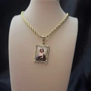 Gold-Tone Rope 24’ inch Chain Necklace with Square Pendant Featuring Detailed Artwork Religious Gold Plated Amulet