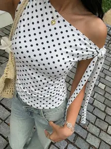 Polka Dot Asymmetrical Strap Design Women's Fashion Top, Perfect for Daily Commute, Office Wear, Stylish and Comfortable