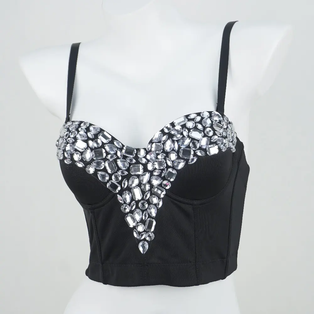 Rhinestone Corset Top with Fishbone Boning, Sexy Sleeveless Lady's Bustier for Party & Rave Outfits