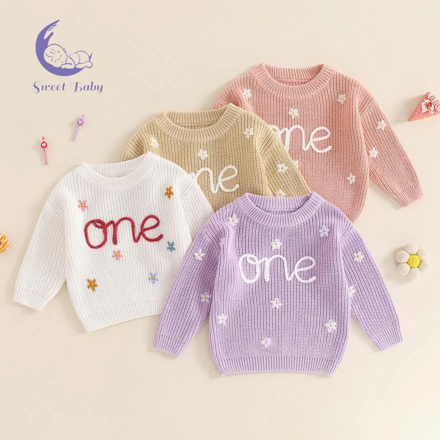 Baby Girl Sweater, Long Sleeve Crew Neck Flower Letters Winter Warm Knit Pullover Sweater Birthday Tops
