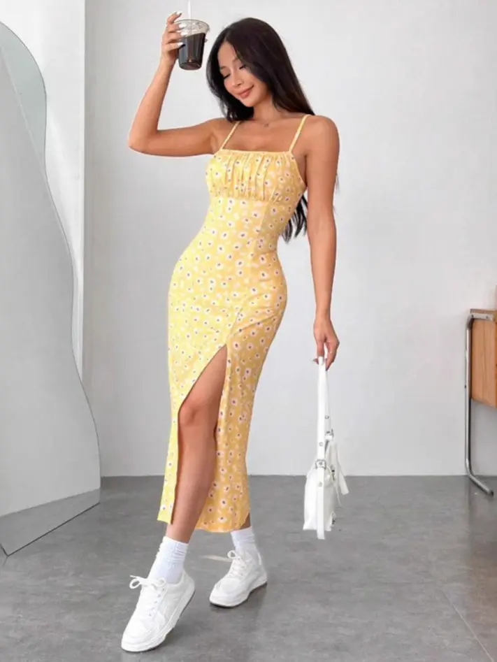 Women's Casual Lightweight Smooth Polyester Sleeveless Sunflower (Plants and Flowers Print) Sheath Maxi Dress - Stylish, Soft, Breathable, Slip-On, Comfortable, Everyday Wear - S to XXL, Machine Washable