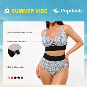 Popilush Women's High-Waisted Two-Piece Bikini, Snakeskin Print Push-Up Swimsuit with Ruched Front & Wide Ribbed Band