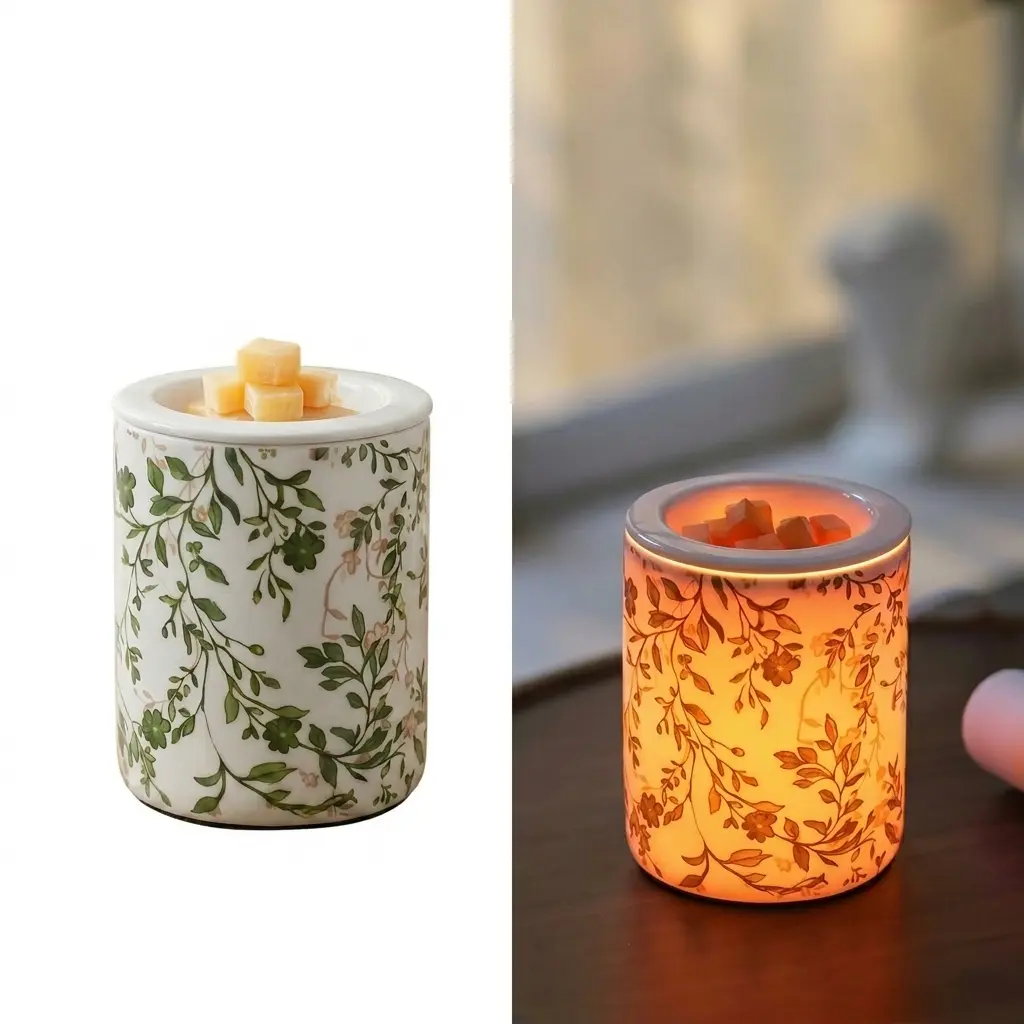 Electric Wax Melt Warmer with Timer - Vintage Spring Green Chinoiserie Cottage Core Farmhouse Burner, 2 Light Bulbs, Aroma Fragrance Scented Wax Melter, Women's Birthday Gift
