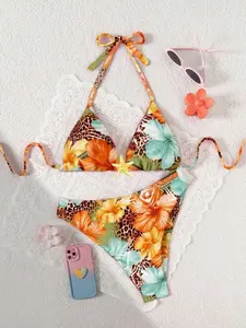 Plus Size Women's 2-Piece Sexy Floral Print Tie Front Bikini Set High Waist Triangle Cup Beachwear for Summer Vacation