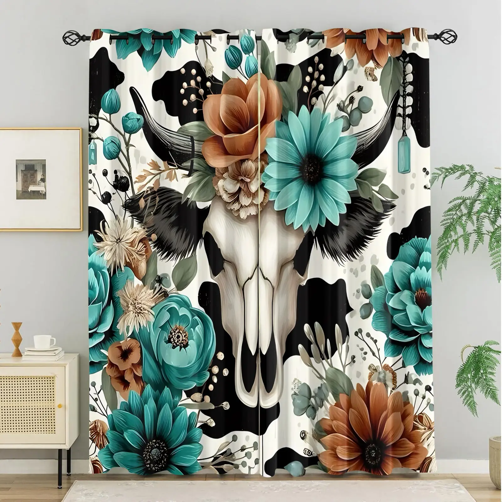 Cow Skull Floral Print Blackout Curtains, Light Blocking, Protect Privacy, Soft Fabric, for Bedroom, Living Room, Great for Boho Lovers. 2 Pack, Lightweight and Easy to Hang
