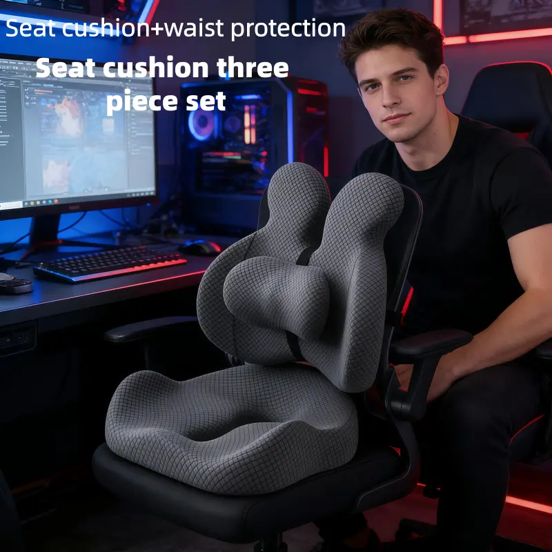 3-Piece Anti-Slip Support Cushions Set - Ergonomic Office Seat Pad + Lumbar Pillow, Breathable Memory Foam for Supportive Sitting, Machine Washable Back & Hip Relief, Office Accessories, Posture Corrector, Christmas Gift
