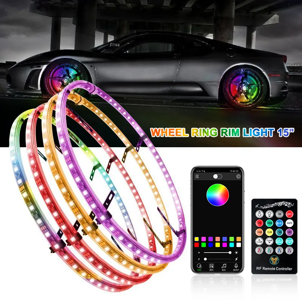 4PCS 15in High Brightness Waterproof Car Tire Wheel LED Strip Fairy Lights - DIY Personalization, APP & Remote Control Hub Lamps, Easy Installation, Ideal for Night Driving, Off-Road Use, Car Accessories