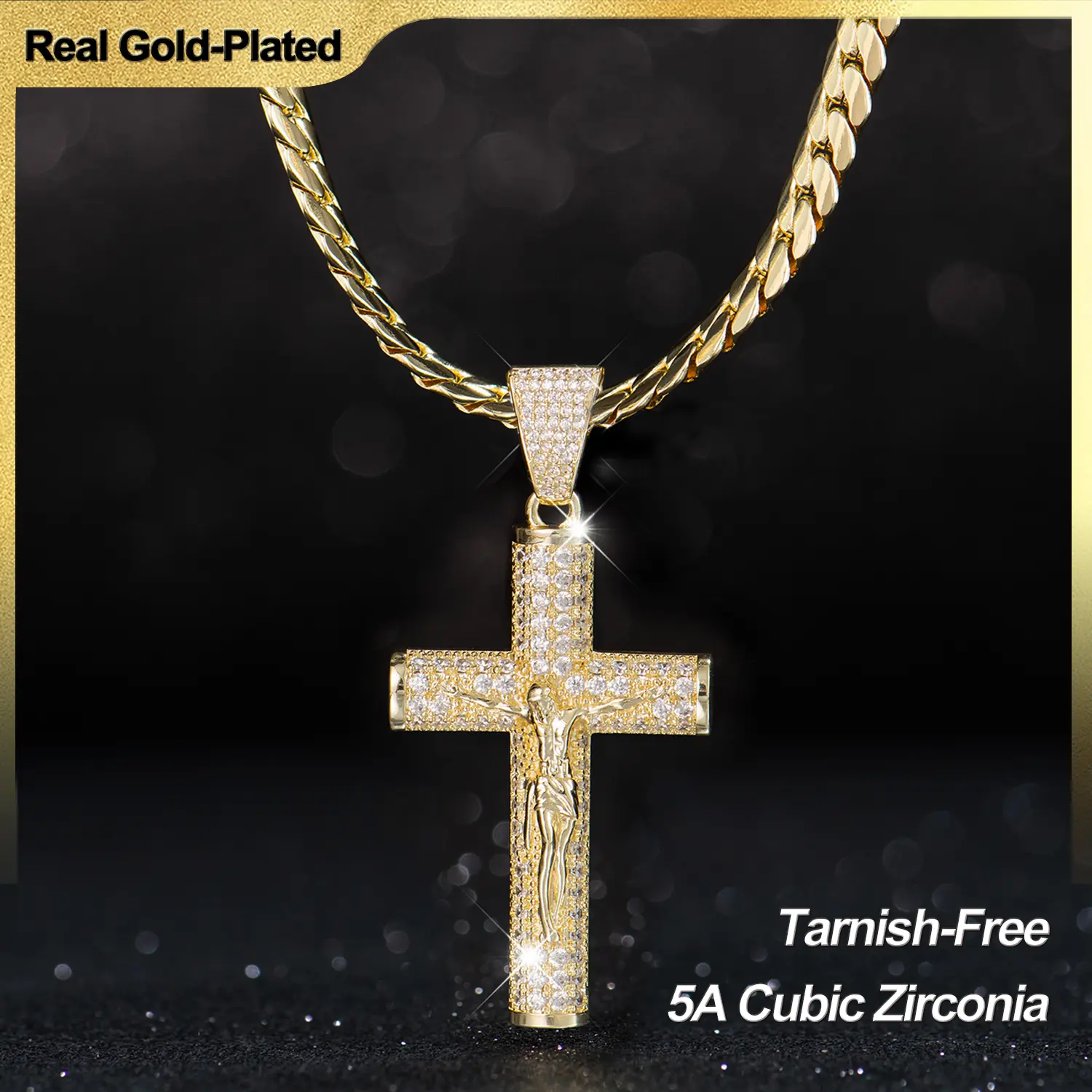 Holylegend Men's 14K Real Gold-Plated Cross Necklace, Advanced Nanotech Tarnish-Free Miami Cuban-Figaro Rope Chain with Jesus Crucifix Pendant, 24in Christian Gold Jewelry Gift, Figaro Chain,chain men