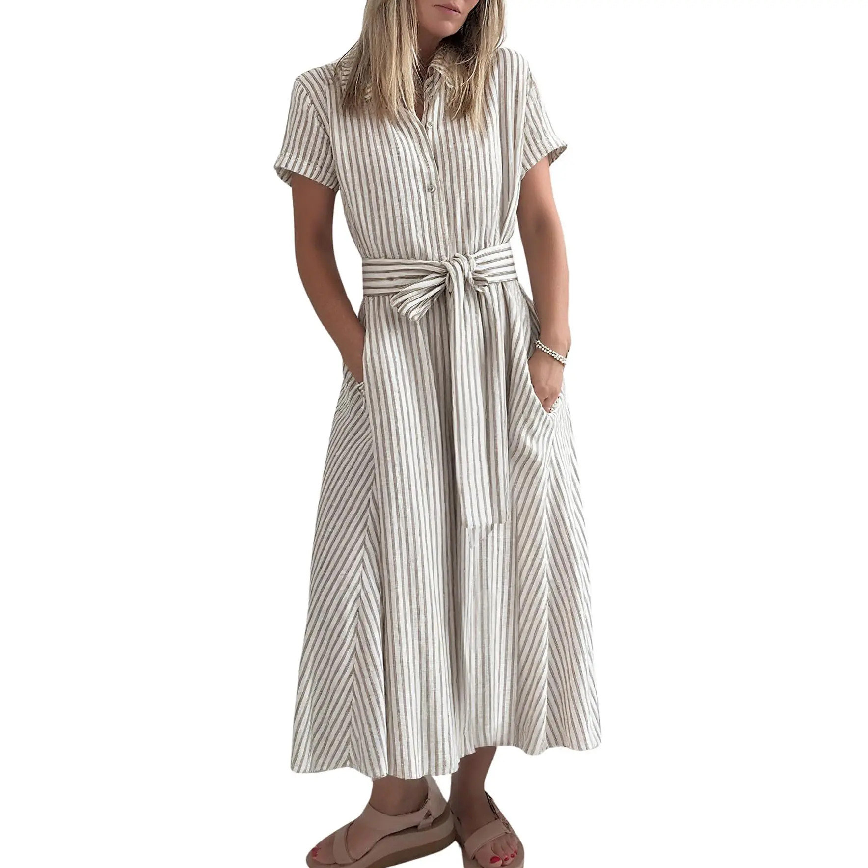 Chouyatou Women's Comfy High-Waisted Bohemian Striped Pure Cotton Short-Sleeve Breathable Dress, Business Casual Summer Wear for Teachers, Cocktail Occasions, Teacher, Cute, Sleeve Shirt, Casual Wear, Soft, Flared, Button, Suit, Elegant