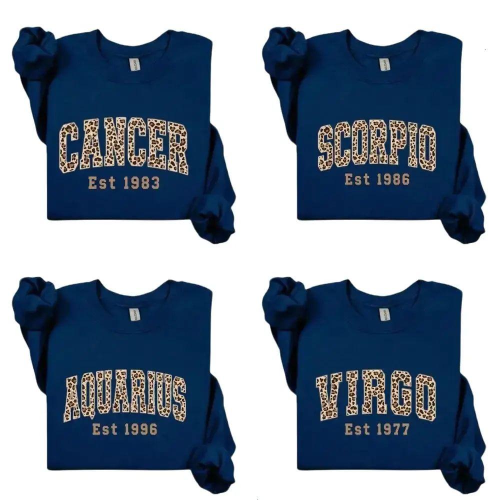 (Leave Add Note or DM our Shop) Custom Leopard Zodiac Sweatshirt with Est Year, NAVY Astrology Sweatshirt Birth Year Star Sign Gift, Unisex Horoscope Sweatshirt, Personalized Zodiac Energy Gift for Birthday- Lily Comfort Studio